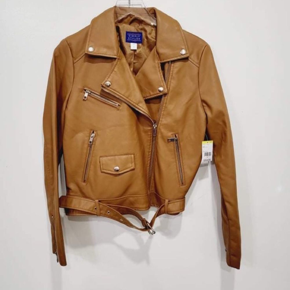 Simply Styled Camel Faux Leather Moto Jacket Sz M